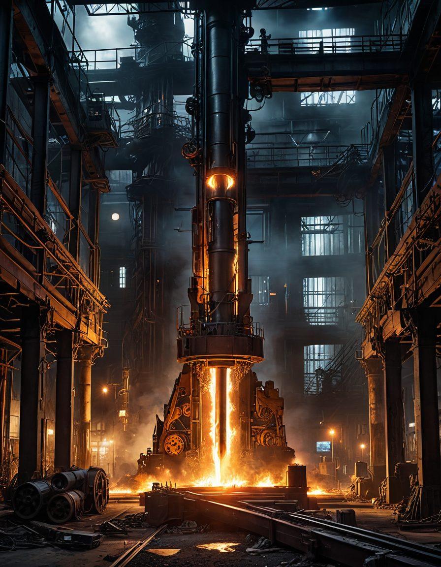 A powerful industrial scene depicting a steel shaft in the process of transformation, surrounded by symbolic elements representing grief and rebirth, such as a phoenix rising in the background and gears interlocking seamlessly. Luminous light beams cutting through a dark atmosphere to signify hope and greatness ahead. Emphasize a dynamic contrast between dark and bright colors. super-realistic. vibrant colors. industrial style.