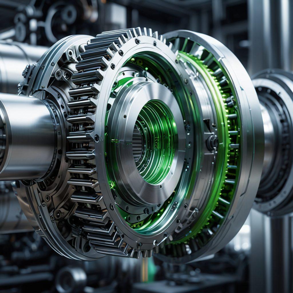 A close-up depiction of sleek, modern mechanical shafts intricately designed with precision engineering features. The background should highlight a futuristic industrial setting with gears and machinery in motion, symbolizing performance. Incorporate dynamic light reflections on the shafts to convey innovation and strength. Use a color palette of metallic grays, deep blues, and hints of neon green for a modern touch. super-realistic. vibrant colors.